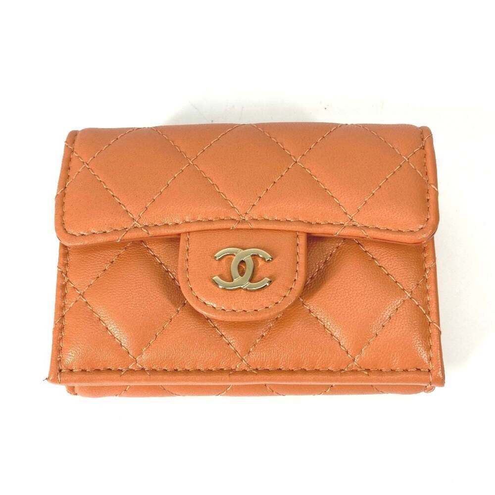 CHANEL Authentic Orange Lambskin Leather Logo Wallet
